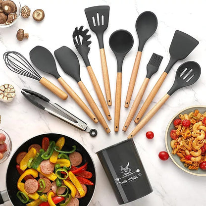12-Piece Silicone Cooking Utensil Set with Wooden Handles
