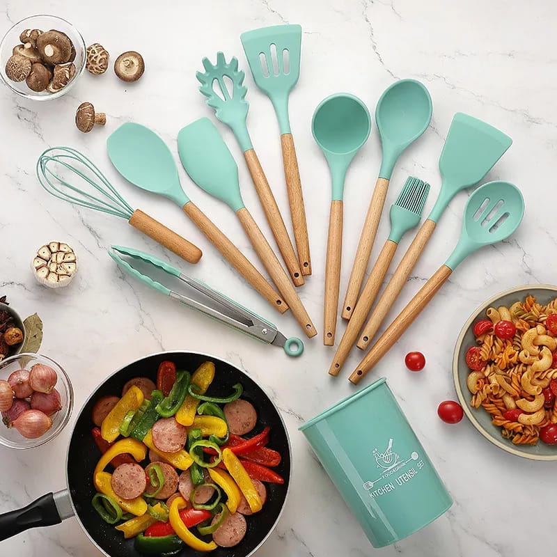 12-Piece Silicone Cooking Utensil Set with Wooden Handles