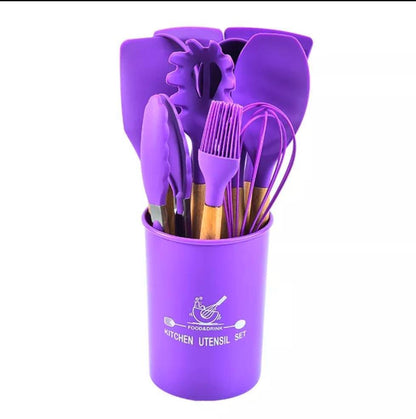 12-Piece Silicone Cooking Utensil Set with Wooden Handles