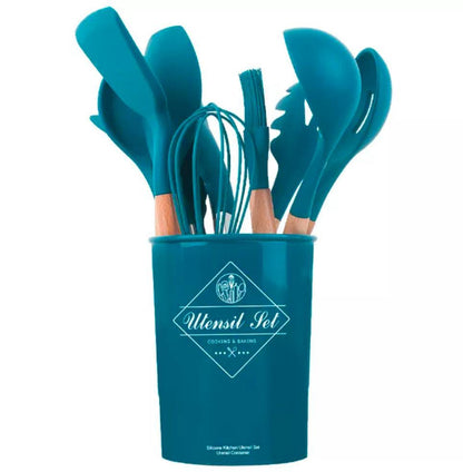 12-Piece Silicone Cooking Utensil Set with Wooden Handles