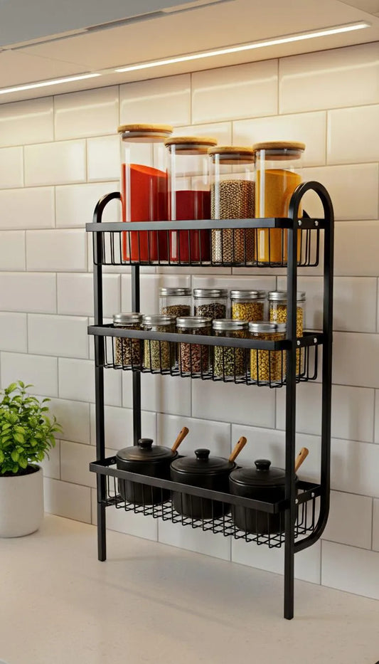 Wall-Mounted Stainless Steel Spice Rack – 3 Tier, Black