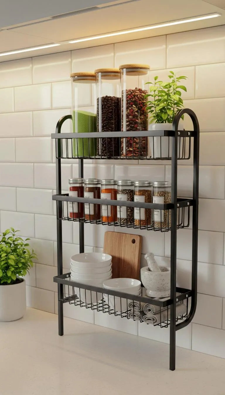 Wall-Mounted Stainless Steel Spice Rack – 3 Tier, Black