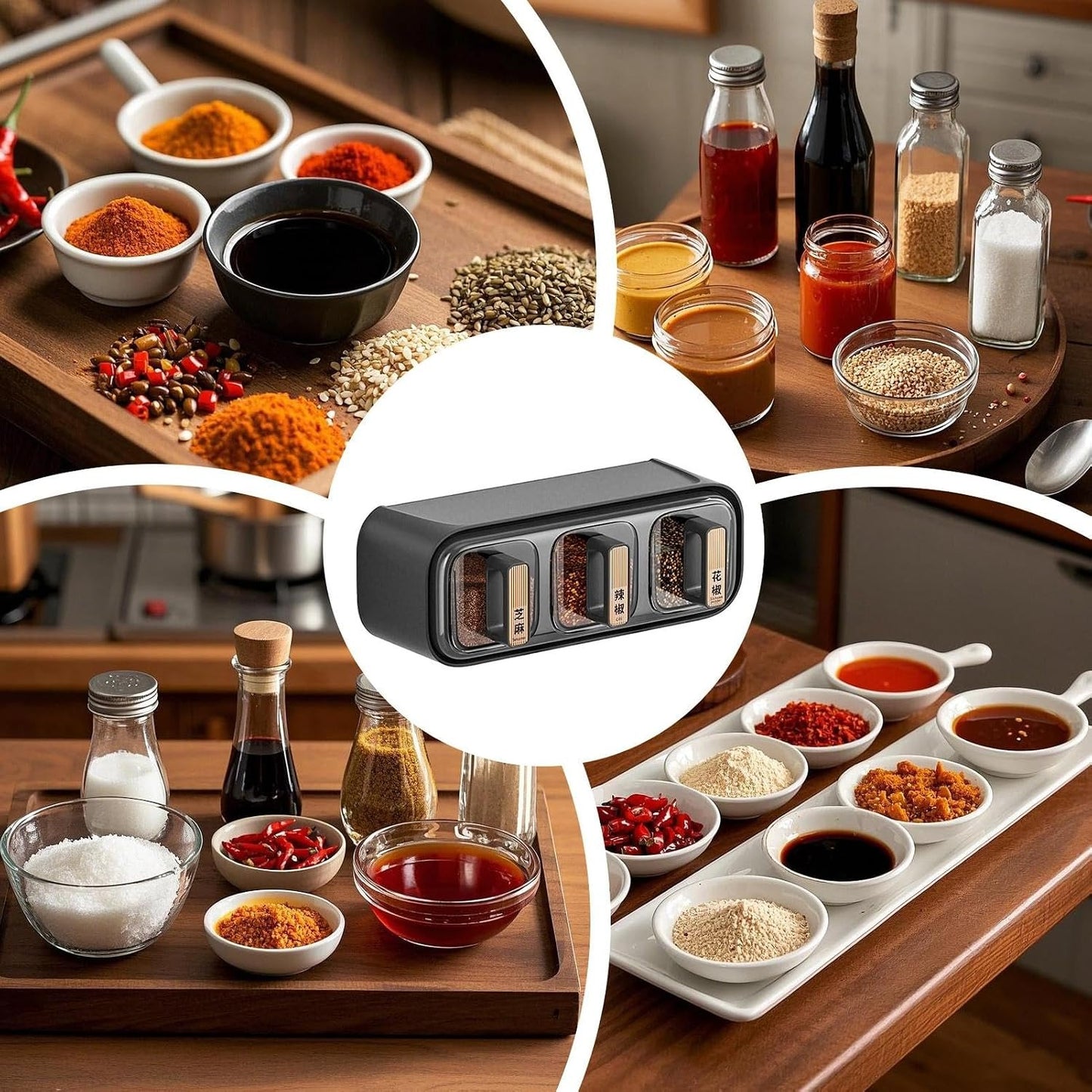 Wall-Mounted Spice Rack with 3 Transparent Seasoning Containers