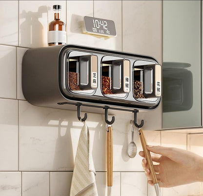Wall-Mounted Spice Rack with 3 Transparent Seasoning Containers