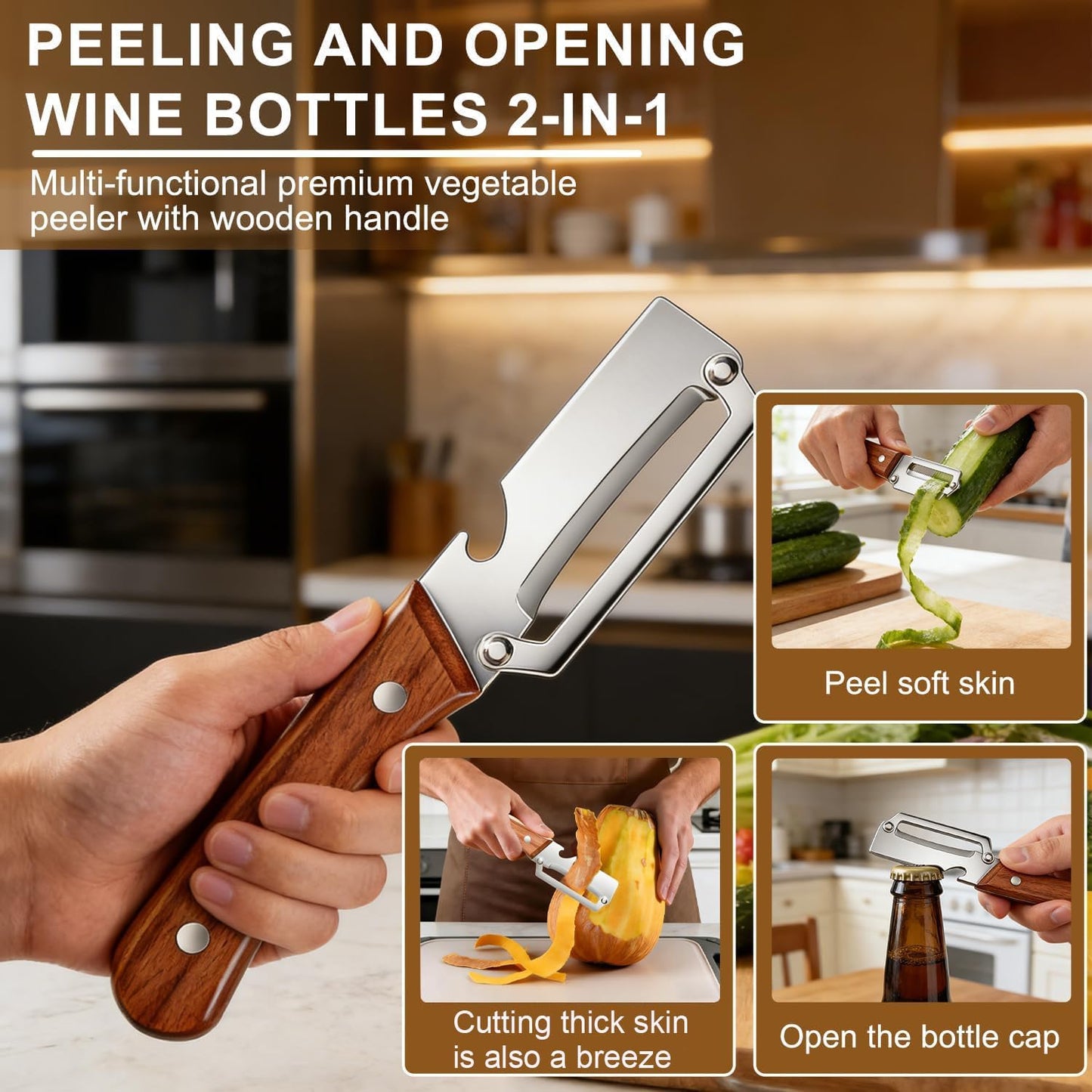 3-in-1 Multi-Functional Vegetable Peeler with Wooden Handle